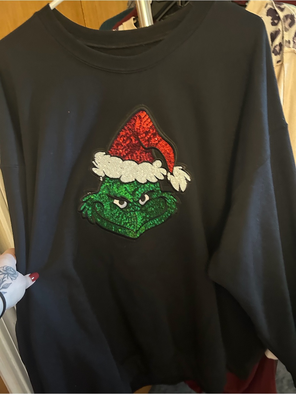 Black Womens Sequin Grinch Holiday Sweater